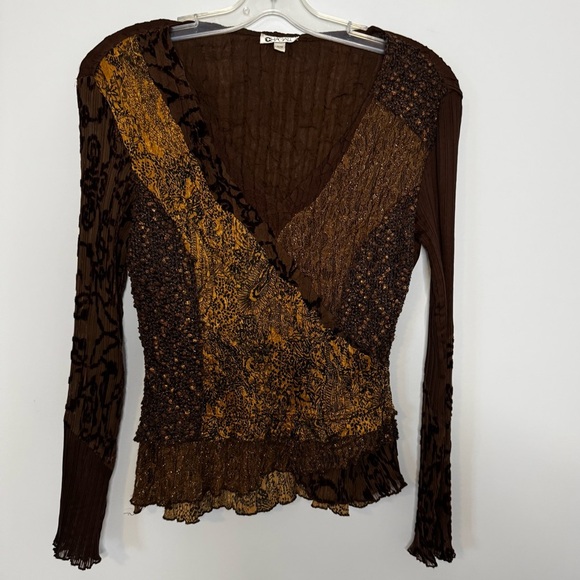 Chagall Brown Gold Crinkle Patchwork Mesh Stretch Top sheer sleeve Boho Artsy M - Picture 1 of 9